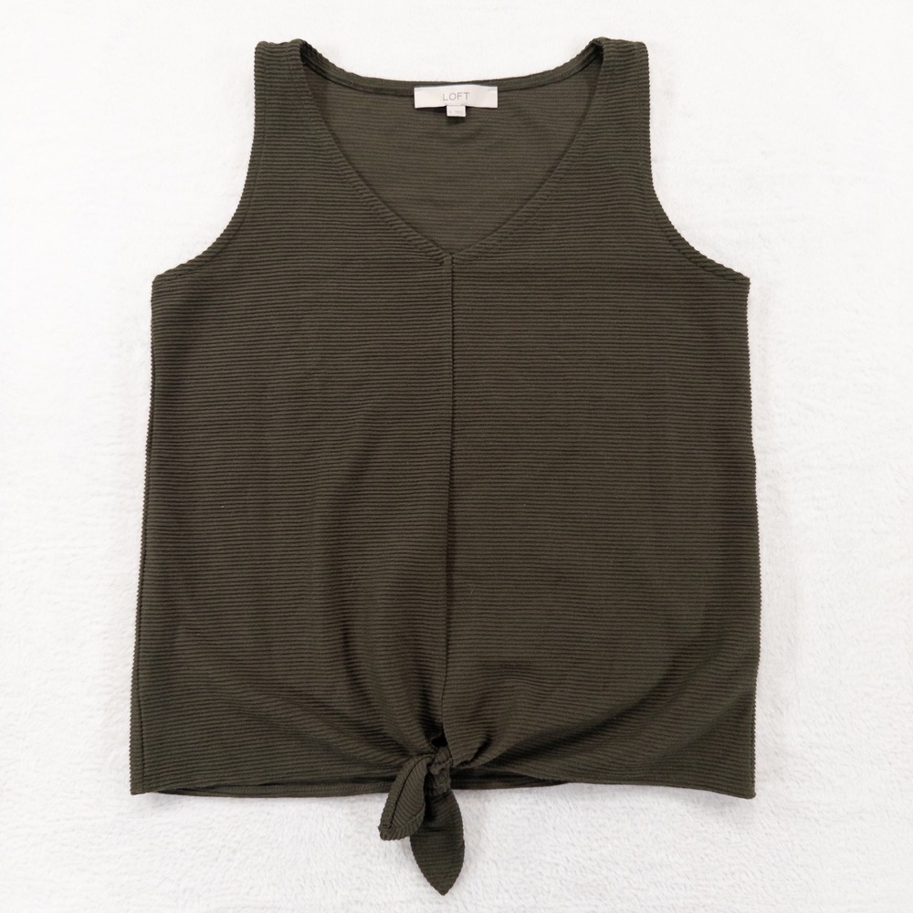 LOFT Womens Tank Top Sz Medium Green Ribbed Knit V-Neck Tie Front Hem Casual